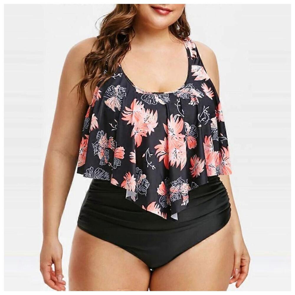 New Amazon High Waist Swimwear Tankini & Bottom Set Ruffles Swimsuit Size 2XL